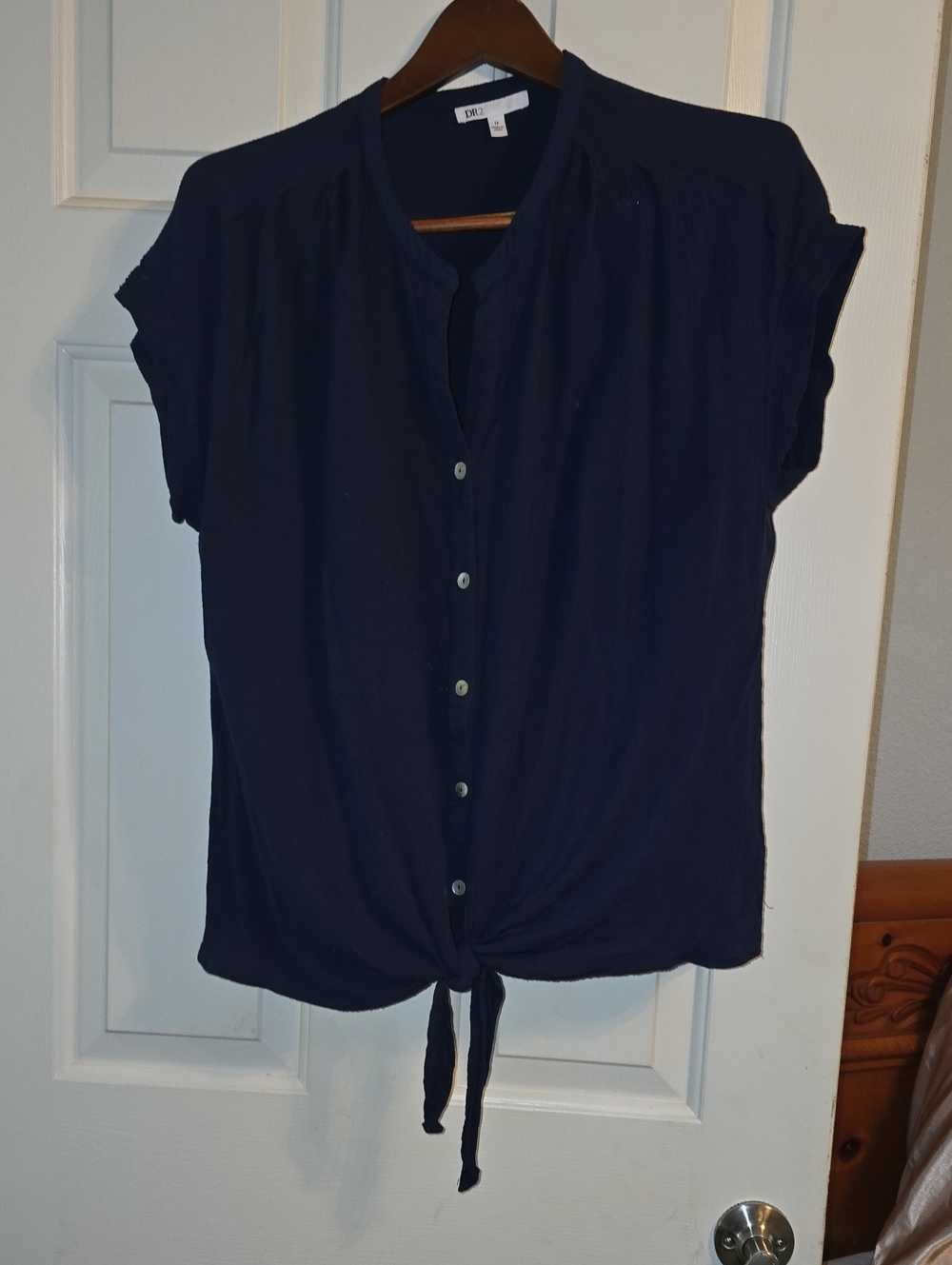 DR2 Navy Short-Sleeve Tie-Front Button-Down Top